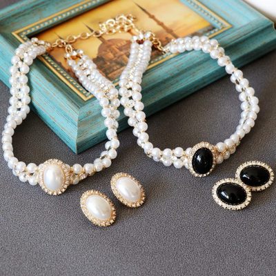 Pearl Necklace White Black Hepburn Style Imitation Pearl Necklace Silver Stud Earrings Suit Cheongsam Formal Dress
