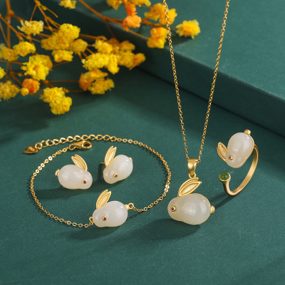 Hare Set S925 Sterling Silver Little Bunny Hetian Jade Necklace Pharaoh Gold Ring Cute Lady Light Luxury Stud Earrings