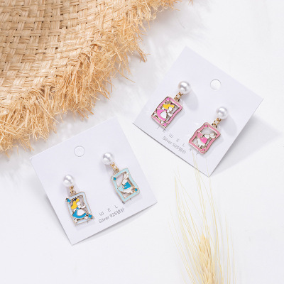 Sterling Silver Needle Japanese and Korean Ins Style Pearl Cartoon Girl Rabbit Series Fashion Sweet and Cute Small Clear Earrings