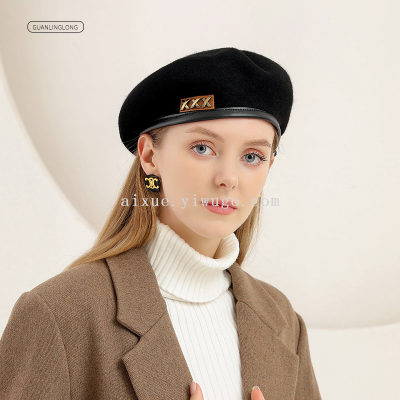 Hat Female Autumn and Winter Wool Beret Pu Edge Stereo Leather Tag Hat Beret British Retro Woolen Beret Beret