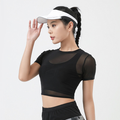 Mesh Bottoming Shirt Stretch Tight Ultra-Thin See-through Short-Sleeved T-shirt Women Can Wear outside Sports Fitness Pullover plus Size