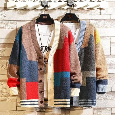 Cardigan Sweater Men's Autumn and Winter Design Sense Niche V-neck Sweater Loose Outer Wear Men's Cashmere Sweater Splicing Coat