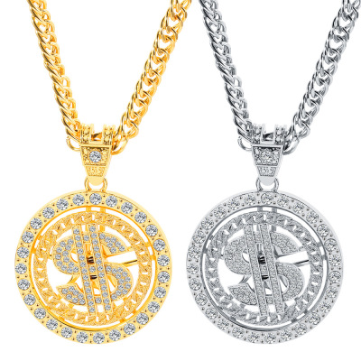 Cross-Border Fashion 360-Degree Rotating US Dollar Pendant Diamond Gold Coin Rotating Cuban Pendant Necklace Ornament