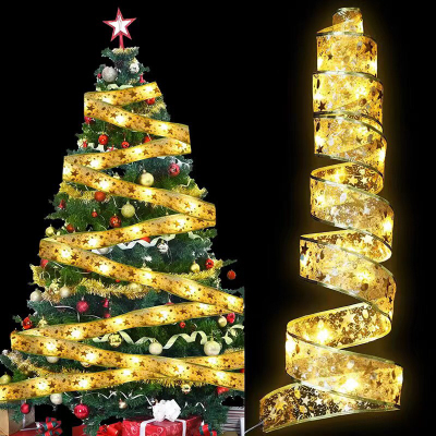 Christmas Ribbon LED Lighting Chain Christmas Decorations Christmas Tree Decoration Pendant Gift Gilding Double-Layer Ribbon