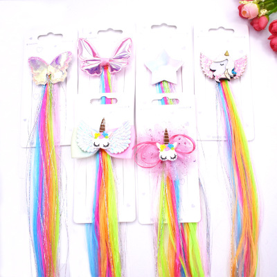 Children's Wig Hair Accessories Five-Pointed Star Pony Bow Chiffon Barrettes Colorful Gold Silk Wig Girl's Braided Hair