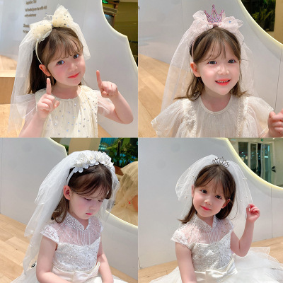 Princess Veil Birthday Hat Crown Girl Ins White Wedding Dress Baby Party Dress up Headband Photo Props