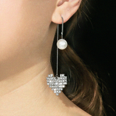 New Rhinestone Earrings Temperament Long Simple Pearl Stud Earrings All-Match Earrings Love Ear Rings Hanging Earrings