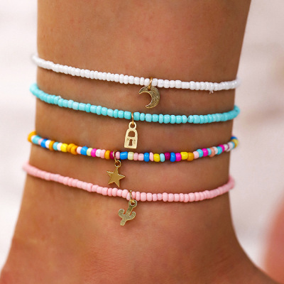 Europe and America Cross Border Multi-Layer Hand-Woven Beads Ethnic Style Moon Star Lock Cactus Bead 4-Piece Anklet
