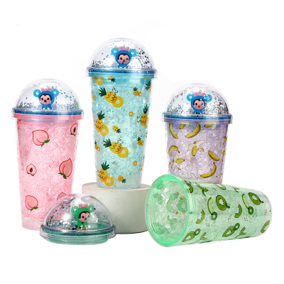 Creative Fruit Plastic Water Cup Cartoon Boys and Girls Cup Summer Net Crushed Ice Cup Double Layer Gel Cup with Straw