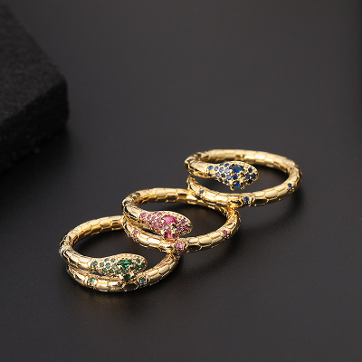 Cool Style Europe and America Creative Personality Snake Ring Female Color Zircon Animal Open Ring Ins Internet Celebrity Same Style