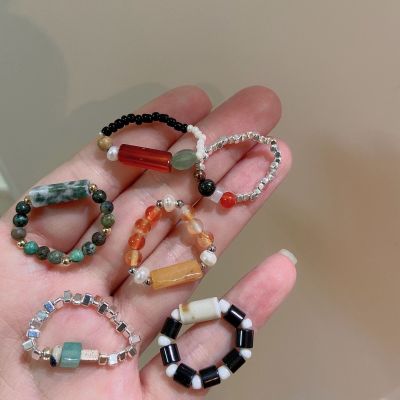 Autumn and Winter with INS Style Niche New Chinese Retro Crystal Stone Opal Beaded Elastic String Ring Adjustable