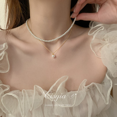 Double Layer Twin Pearl Necklace Female Ins Style Pearl Pendant Light Luxury Minority Clavicle Chain High Sense Temperament Necklace