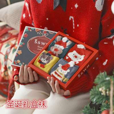 Cross-Border New Christmas Stockings Gift Box Cartoon Cute Mid-Calf Length Socks Female Cotton Socks Boxed Red Christmas Stockings Wholesale