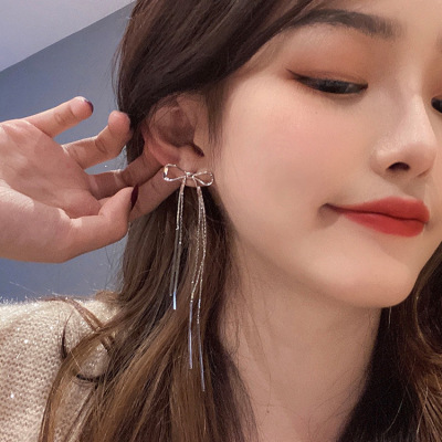 Foreign Trade Bow Temperament Long Fringe Earrings Women's New Trendy Non-Piercing Ear Clip High-Grade All-Match Earrings