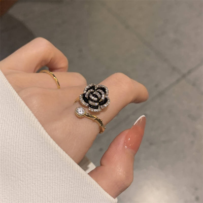 Black Camellia High-Grade Ring Female French Classic Style Adjustable Opening Index Finger Ring Ins Fashion Personalized Ring
