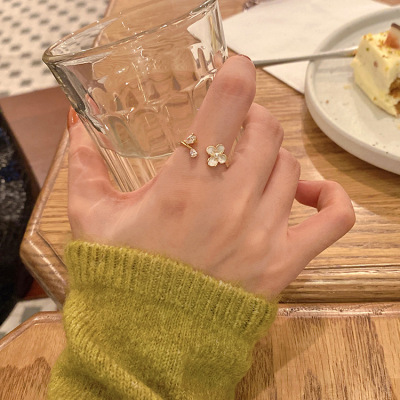 Gentle Dignified Flowers Ring Female Delicate Pearl Zircon Korean Internet Celebrity Versatile Opening Adjustable Index Finger Ring