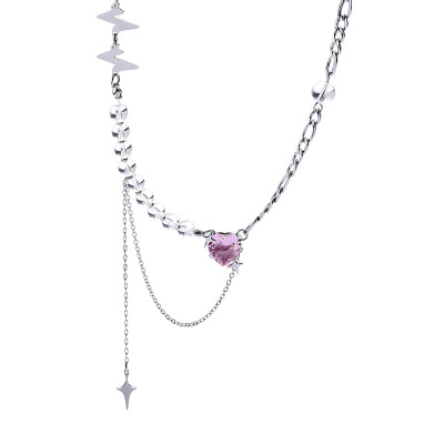 Stitching Tassel Love Necklace Female Niche Design Sweet Cool Hot Girl Personality Pink Zircon Clavicle Chain Neck Chain