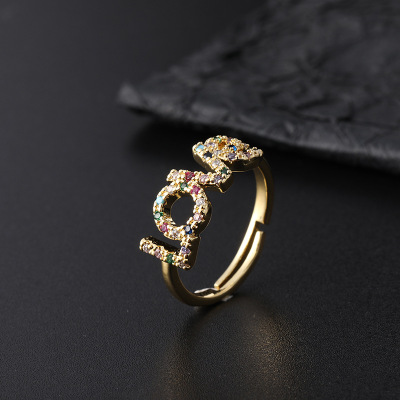 Cross-Border European and American Adjustable Love Ring Female Niche Advanced 18K Gold Plated Diamond Foreign Trade Zircon Couple Ring