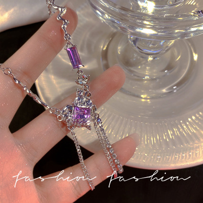 Purple Heart-Shaped Crystal Tassel Clavicle Chain Niche Sweet Cool Design Purple Zircon Lava Metal Necklace Love