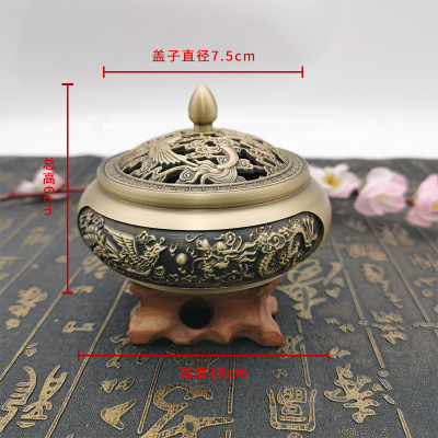 Factory Supply Double Dragon and Phoenix Flat Bottom Incense Burner Domestic Incense Incense Burner Pure Copper Flat Bottom Incense Burner Indoor Sandalwood Stove