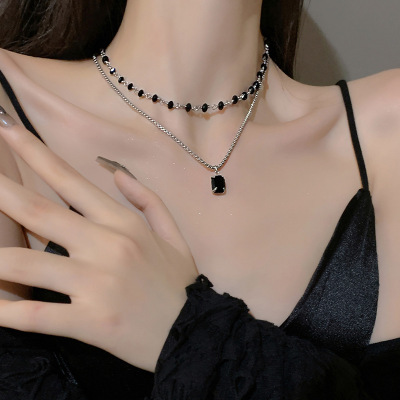 Black Crystal Double-Layer Necklace Women's Korean-Style Fashion Normcore Style Temperament Clavicle Chain Light Luxury Minority Sweater Chain Ornament