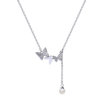 Butterfly All-Match Pendant Titanium Steel Pearl Necklace for Women Special-Interest Design Light Luxury High-Grade Clavicle Chain Hot Selling Necklace