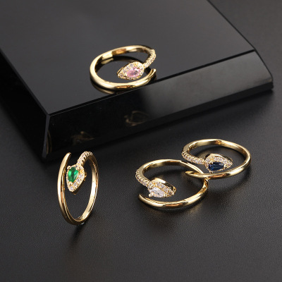 Bohemian Style Fashion European and American Style Copper Zircon Micro-Inlaid Gold-Plated Popular Snake Ring Opening Adjustable Ring Female