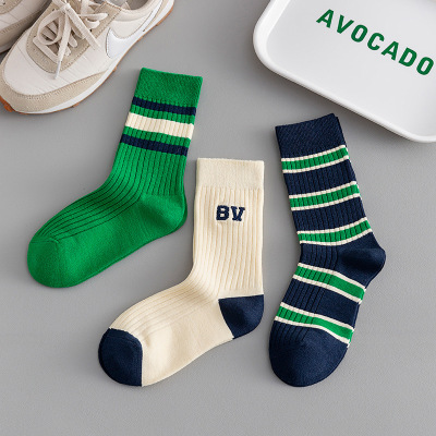 Green Socks Women's Autumn and Winter New Mid-Calf Striped Ins Style Fashion Brand Double Needle Embroidery Combed Cotton Net Red Bunching Socks