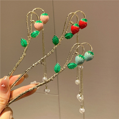 2022 Drip Glazed Cute Strawberry Headdress for Han Chinese Clothing Cheongsam Accessories Retro Hairpin Tassel Hair Pin Hairpin Antique Hair Accessories