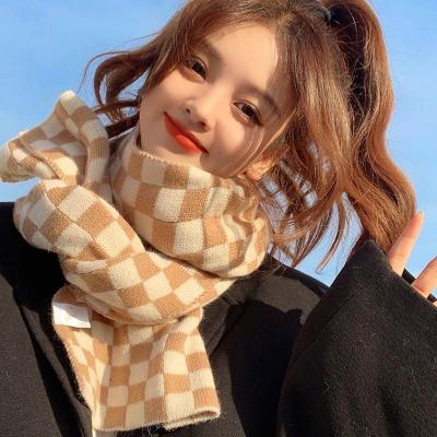 Black-White Checkerboard Plaid Ins Knitted Scarf for Women Autumn and Winter 2022 New Korean Style Versatile Students Warm-Keeping Scarf