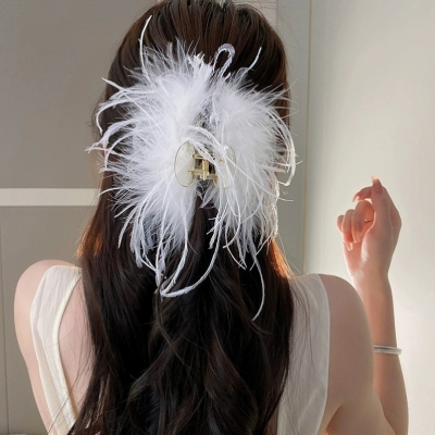 Autumn and Winter Super Fairy Ostrich Hair Barrettes High Sense Ins Special-Interest Design Back Head Updo Grip Hair Accessories