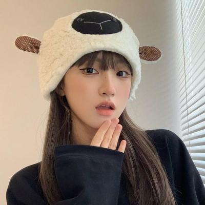 Winter Japanese Style Sweet and Cute Ears Little Sheep Hat Female Plush Thickened Warm Lamb Wool Sleeve Cap Tide