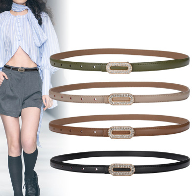 Cross-Border Supply Authentic Leather Rhinestones Belt Women's Fashion All-Match Two-Layer Cowhide Thin Belt with Dress Jeans Strap