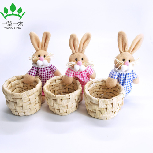 hand-woven corn husk rabbit storage straw animal toy office stationery creative novelty straw pen holder