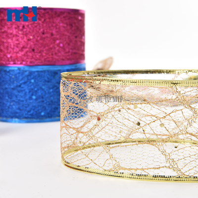 Glitter Christmas Ribbon Mesh Wired Edged Christmas Ribbon for Gift Wrapping/Holiday Decoration/DIY Art Craft  