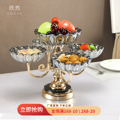 European-Style Simple Luxury Living Room Coffee Table Dining Table Crystal Glass Fruit Plate Ornaments Practical Large Double Deck Compartment Snack Dish