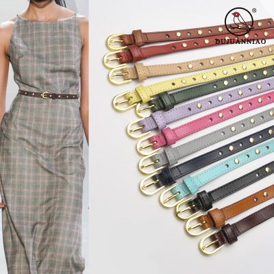 Korean Style Fashion Punch-Free Leather Thin Belt Decorative Dress Small Belt Cowhide Rivet Hollow-out Pin Buckle Waist Chain