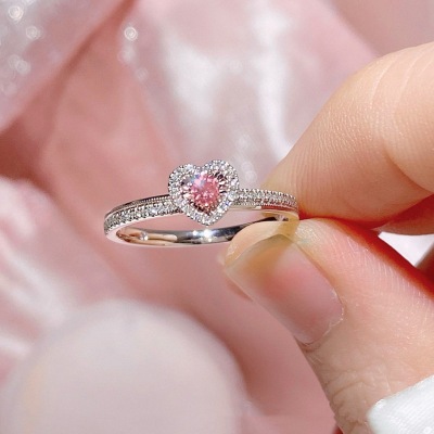 Foreign Trade in Stock Love Graceful Personality Pink Diamond Ring Gentle Niche Ins Style Female Accessories Supply Factory Wholesale