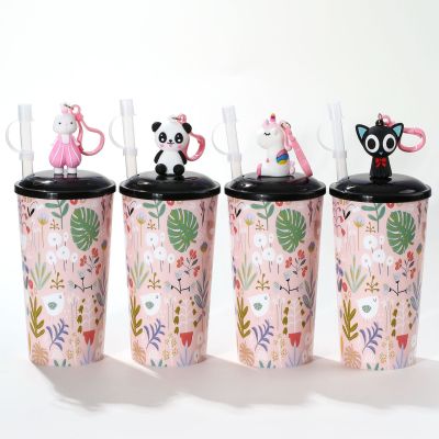 Cartoon Animal Doll Cup with Straw Pp550ml Cup with Straw Milky Tea Bottle Panda Unicorn