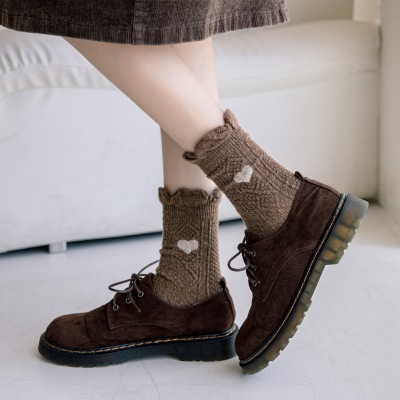 Wool Socks Children's Autumn and Winter Mid-Calf Length Socks Retro British Style Diamond Thick Checks Warm Terry Bunching Socks Thread