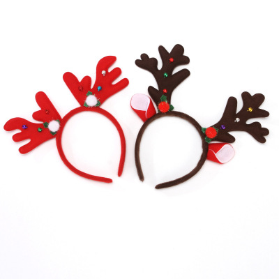 Rl566 Flannel Coffee Color Ear Antler Hairband Red Color Bell Small Antlers Hair Accessories Christmas Headwear Manufacturer