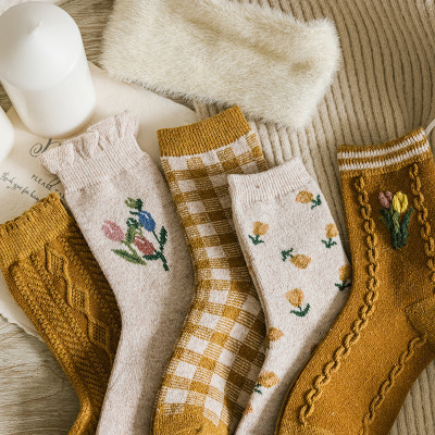 Yellow Wool Vintage Tulip Mid-Calf Socks Warm Thick Long Socks All-Matching Ins Trendy Winter Socks