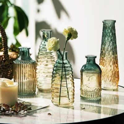 Retro Embossed Transparent Decorative Vase Living Room Gradient Color Home Flower Arrangement Decoration Hydroponic Glass Vase