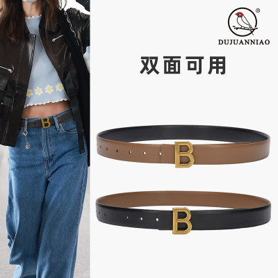 Women's Cowhide Belt Jeans Belt Decorative Western Assembly Dress Tight Waist Letter B Belt Loop Female