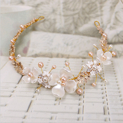 Wedding Headdress Wholesale Bridal Hair Accessories Pearl Ceramic Golden Headband European and American Children's Headband Girls Jewelry Wholesale