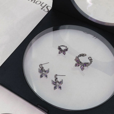 Dark Sweet Cool Cold Style Purple Zircon Butterfly Studs Non-Piercing Ear Clip Female Ring Earrings Three-Piece Ornament