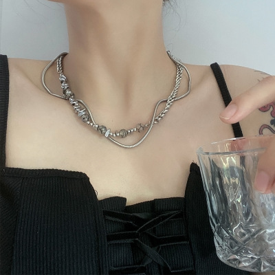 New Chinese Style Natural Stone Titanium Steel Chain Stitching Necklace Men 'S And Women 'S Medium Cold Wind Double-Layer Beaded Clavicle Chain Tide