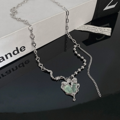Water Green Heart-Shaped Zircon Stitching Necklace Female Summer Ins Trendy Light Luxury Minority Design High Sense Ornament
