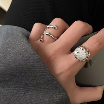 Milk Niche Design Irregular Metal Cold Style Ring Female Personality All Match Index Finger Pearl Ring