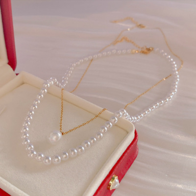 Double-Layer Pearl Necklace Retro Ornament Special-Interest Design Simple Fashion Necklace Elegant High Sense Online Influencer Clavicle Chain